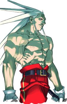 Rule 34 | 1boy, absurdres, cropped legs, demon hyo, dual wielding, edaki shin'ya, evil smile, from side, full body, game cg, gloves, grey hair, highres, holding, imawano hyo, justice gakuen, katana, male focus, moero! justice gakuen, muscular, muscular male, non-web source, official art, pants, red pants, red pupils, simple background, smile, solo, standing, sword, teeth, topless male, veins, veiny arms, weapon, white background, white gloves