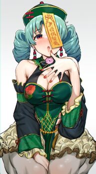 1girl blush breasts chinese_clothes cleavage detached_sleeves dress drill_hair earrings fingernails green_dress green_hair green_hat grey_background grey_pantyhose hand_on_lap hat highres idolmaster idolmaster_million_live! idolmaster_million_live!_theater_days jewelry jiangshi_costume lips looking_at_viewer nail_polish official_alternate_costume official_alternate_hairstyle ofuda ofuda_on_head open_mouth orange_nails pantyhose qingdai_guanmao simple_background sitting solo straight-on suzuki_puramo tokugawa_matsuri twin_drills