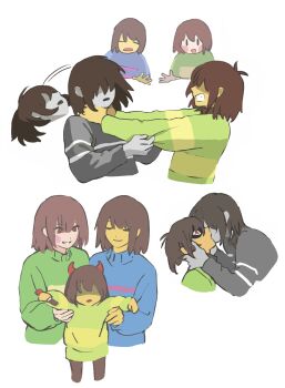 Rule 34 | 4others, aged down, ambiguous gender, blue shorts, blue sweater, bob cut, brown hair, brown pants, brown shorts, chara (undertale), chocolate, closed eyes, commentary, deltarune, face in shadow, food, frisk (undertale), green sweater, grey sweater, highres, holding, holding chocolate, holding food, horns, kiss, kris (deltarune), lantern madoyoi, multiple others, open mouth, pants, red eyes, shorts, smile, struggling, sweater, symbol-only commentary, undertale, utdr (toby fox), vessel (deltarune), white background