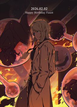 1girl 3others blue_eyes closed_mouth coat commentary dated english_commentary eyelashes faust_(project_moon) fire flask hand_in_pocket happy_birthday highres lanyard limbus_company looking_at_viewer medium_hair multiple_others project_moon rmenssari solo_focus standing white_coat white_hair