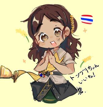 1girl bell black_skirt brown_eyes brown_hair brown_shirt commentary_request dark-skinned_female dark_skin hair_bun highres kantai_collection kanzo(rest) long_hair military_uniform open_mouth own_hands_together sash shirt skirt smile solo teeth thai_flag thonburi_(kancolle) translation_request upper_teeth_only yellow_sash