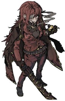 1girl ammunition_belt breasts cigar coat coat_on_shoulders commentary_request cosplay from_above full_body grey_shirt grin gunblade highres jacket korean_commentary lei_heng_(project_moon) lei_heng_(project_moon)_(cosplay) limbus_company looking_at_viewer medium_breasts nervous_smile pants project_moon red_coat red_jacket red_pants shirt simple_background smile smoke smoking solo standing sweat user_vdfv8273 weapon white_background yuri_(project_moon)