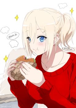 1girl absurdres blonde_hair blue_eyes blush breasts burger collarbone earrings eating food hair_between_eyes hair_ornament hairclip hands_up highres holding holding_food jewelry long_sleeves looking_at_viewer medium_breasts misaki_nonaka nail_polish original red_nails red_sweater simple_background sleeves_past_wrists small_sweatdrop solo sparkle sweat sweater twintails upper_body white_background