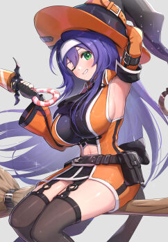 1girl ;d absurdres armpits black_gloves breasts broom broom_riding clothing_cutout detached_sleeves fingerless_gloves fire_emblem fire_emblem:_path_of_radiance fire_emblem_heroes garter_straps gloves gonzarez green_eyes grin hair_between_eyes halloween halloween_costume hat highres large_breasts long_hair looking_at_viewer mia_(fire_emblem) mia_(halloween)_(fire_emblem) midriff_peek navel navel_cutout nintendo official_alternate_costume one_eye_closed open_mouth purple_hair sideboob simple_background smile solo sword thighhighs very_long_hair weapon white_background witch witch_hat
