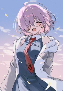 1girl arm_at_side arm_behind_back bare_shoulders black-framed_eyewear black_dress blue_sky blush chaldea_logo closed_eyes collared_dress dress facing_viewer fate/grand_order fate_(series) glasses gradient_sky grey_jacket hair_over_one_eye happy hood hooded_jacket jacket long_sleeves mash_kyrielight necktie off_shoulder open_mouth outdoors purple_hair purple_sky red_necktie short_hair sky sleeveless sleeveless_dress smile solo syst098 teeth upper_teeth_only wind
