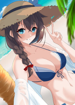 1girl absurdres beach bikini black_hair blue_bikini blue_eyes blue_sky braid breasts cleavage cloud commentary_request cosplay day front-tie_bikini_top front-tie_top hair_flaps hair_over_shoulder hat highres kantai_collection large_breasts long_hair looking_at_viewer ocean open_clothes open_shirt outdoors shiba_(zudha) shigure_(kancolle) shigure_(kancolle)_(cosplay) shigure_kai_san_(kancolle) shigure_kai_san_(swimsuit)_(kancolle) shirt single_braid sky solo sun_hat swimsuit white_shirt