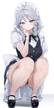 Rule 34 | 1girl, absurdres, back bow, bare legs, black dress, black ribbon, black shoes, blush, bow, braid, braided sidelock, commentary, dress, full body, green bow, grey hair, hair bow, highres, izayoi sakuya, looking at viewer, maid headdress, mary janes, neck ribbon, puffy short sleeves, puffy sleeves, ribbon, sarukana, shirt, shoes, short sleeves, simple background, solo, squatting, touhou, white background, white bow, white shirt, wrist cuffs
