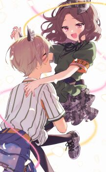 2girls absurdres armband black_bow black_thighhighs blue_shorts blush bow bow_hairband brown_hair carrying carrying_person closed_eyes commentary_request dress ebizuka_tomo fang girls_band_cry green_dress hair_bow hairband highres horns looking_at_another medium_hair multiple_girls nizi_raichi open_mouth orange_armband pink_eyes purple_skirt rupa_(girls_band_cry) shirt short_hair shorts skin_fang skirt smile striped_clothes striped_shirt thighhighs white_shirt yuri