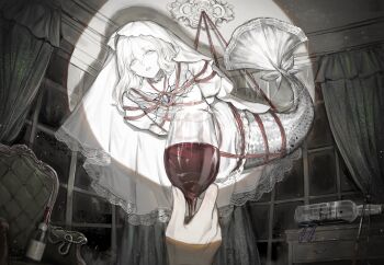 1girl 1other arms_behind_back bottle bride_mermaid_(cindymeimezu) chair collar cup curtains dress drinking_glass drop_shadow highres holding holding_cup indoors jewelry lace_trim long_hair looking_at_viewer lounge_chair mei_mezu mermaid monster_girl necklace night original out_of_frame pearl_necklace pov pov_hands shibari ship_in_a_bottle spotlight suspension veil white_dress white_eyes white_hair window wine_glass