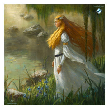 1girl armlet artist_logo artist_name blonde_hair blue_flower border closed_mouth commentary dress elf english_commentary flower galadriel gold_armlet grass highres jewelry lake logo long_grass long_hair nature outdoors pointy_ears queen rock scenery sebastian_giacobino signature solo standing the_lord_of_the_rings tolkien's_legendarium tree wavy_hair white_border white_dress