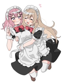 Rule 34 | 2girls, amaori renako, apron, black dress, blush, bow, bowtie, brown hair, closed eyes, closed mouth, commentary, dress, haru (konomi 150), headband, heart, highres, maid apron, maid headdress, medium hair, multiple girls, pink hair, purple eyes, red bow, red bowtie, sena ajisai, simple background, smile, thighhighs, watashi ga koibito ni nareru wake naijan murimuri!, white apron, white background, white headband, white thighhighs, wrist cuffs, yuri