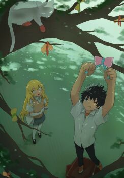 1boy 1girl ;q a_certain_high_school_uniform absurdres bag black_hair black_pants blonde_hair bow branch brown_sweater_vest cat collared_shirt commentary commission elbow_gloves english_commentary gloves grey_skirt handbag highres kamijou_touma letter loafers long_hair love_letter miniskirt one_eye_closed outdoors pants pleated_skirt school_emblem school_uniform shirt shoes shokuhou_misaki short_hair short_sleeves skirt spiked_hair star-shaped_pupils star_(symbol) summer_uniform sweater_vest symbol-shaped_pupils tatararashi thighhighs toaru_kagaku_no_railgun toaru_majutsu_no_index tokiwadai_school_uniform tongue tongue_out tree tying v-neck white_shirt white_thighhighs yellow_eyes