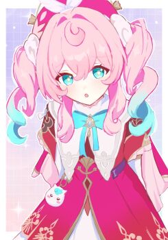 1girl amaebi0709 blue_eyes blue_hair blush dress gradient_hair hat highres honkai:_star_rail honkai_(series) hyacine_(honkai:_star_rail) looking_at_viewer multicolored_hair open_mouth pink_hair red_dress short_twintails solo twintails