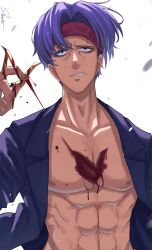 Rule 34 | 1boy, abs, absurdres, blood, headband, highres, jacket, looking at viewer, nico vorgeil, open clothes, open jacket, pectorals, purple eyes, purple hair, purple jacket, red headband, shishiruto, short hair, simple background, solo, toned, toned male, undead unluck, white background
