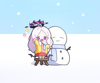 Rule 34 | 1girl, ahoge, blue archive, blue scarf, blush, chibi, grey hair, halo, highres, hina (blue archive), hina (pajamas) (blue archive), long hair, long sleeves, looking at viewer, low wings, open mouth, outdoors, purple eyes, purple halo, scarf, skirt, slippers, smile, snowing, snowman, solo, standing, teeth, upper teeth only, uz (uzru0428), very long hair, wings