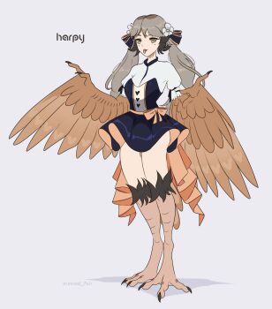 Rule 34 | 1girl, absurdres, animal ears, bird ears, bird legs, bird tail, black skirt, brown feathers, brown hair, brown wings, commentary, english commentary, facial mark, feathers, flower, green eyes, hair flower, hair ornament, hair ribbon, harpy, highres, long hair, looking at viewer, monster girl, original, ribbon, shirt, simple background, skirt, slit pupils, solo, standing, tail, talons, tongue, tongue out, twintails, twitter username, two-sided fabric, two-sided skirt, unreal fish, white background, white flower, white shirt, wings