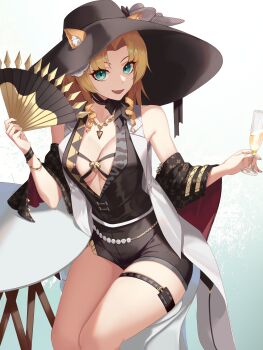 1girl :d absurdres animal_ear_fluff animal_ears arknights bare_shoulders black_hat black_romper blonde_hair breasts champagne_flute cleavage commentary cowboy_shot cup curtained_hair d-log drink drinking_glass ears_through_headwear english_commentary fang green_eyes hand_fan hat highres holding holding_drink holding_fan jewelry long_hair looking_at_viewer medium_breasts necklace open_mouth photoshop_(medium) plunging_neckline romper round_table sitting smile solo sun_hat swire_(arknights) swire_the_elegant_wit_(arknights) table thigh_strap