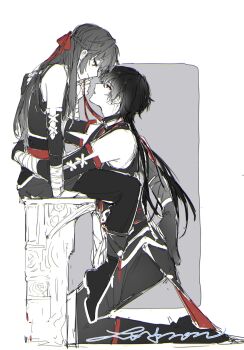 1boy 1girl adapted_costume alternate_costume arm_support ayn_alwyn ayn_alwyn_(long_night_together) bandaged_wrist bandages bare_shoulders boots braid bubing chinese_clothes chinese_commentary closed_mouth cross-laced_clothes cross-laced_gloves elbow_gloves eye_contact face-to-face femdom foot_on_another&#039;s_back from_side full_body gloves grey_background greyscale hair_between_eyes hair_ribbon half-closed_eyes half_up_braid hand_on_another&#039;s_back heroine_(lovebrush_chronicles) hetero highres holding holding_ribbon hug knee_boots kneeling long_hair long_sleeves looking_at_another looking_down looking_up lovebrush_chronicles low_ponytail matching_outfits monochrome official_alternate_costume pants parted_lips ponytail profile red_eyes red_ribbon red_sash ribbon sash simple_background sitting sleeveless_tunic smile spot_color tunic waist_sash white_background