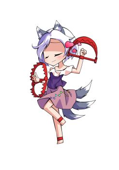 1girl animal_ears anklet arm_up barefoot bear_trap chibi chibi_only closed_eyes commentary_request dairi dog_ears dog_tail full_body grey_hair jewelry large_variant_set mitsugashira_enoko multiple_tails purple_shirt shirt short_hair short_sleeves simple_background skirt solo tachi-e tail touhou transparent_background variant_set
