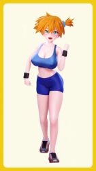 1girl 3d abs animated ass asymmetrical_hair blush bouncing_ass bouncing_breasts breasts cowboy_shot dancing female_focus green_eyes grin gym_leader h264_(codec) hand_on_own_hip highres large_breasts looking_at_viewer midriff mikumikudance misty_(pokemon) mu_mmd muscular navel nintendo orange_hair pokemon pokemon_frlg ponytail pov short_hair shorts side_ponytail smile solo standing tagme thick_thighs thighs video wristband