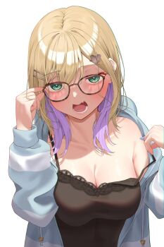 1girl black_camisole blonde_hair blue_hoodie blue_nails blush breasts camisole colored_inner_hair commentary_request fang glasses green_eyes hair_ornament hairclip highres hood hoodie kiaoekakishitai kurumi_noah kurumi_noah_(6th_costume) lace-trimmed_camisole lace_trim large_breasts long_hair long_sleeves looking_at_viewer loungewear multicolored_hair no_bra off_shoulder official_alternate_costume open_clothes open_hoodie open_mouth purple_hair simple_background single_bare_shoulder skin_fang solo strap_slip striped_clothes striped_hoodie virtual_youtuber vspo! white_background