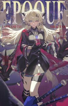 2girls absurdres animal_ears arknights black_dress black_gloves black_hair black_streaks blue_gloves blue_necktie cup dress female_pov fingerless_gloves gloves grey_eyes hair_between_eyes hashtag-only_commentary highres holding holding_cup jeze lappland_(arknights) lappland_the_decadenza_(arknights) long_sleeves looking_at_viewer material_growth multiple_girls necktie official_alternate_costume one_eye_closed open_mouth oripathy_lesion_(arknights) pov scar scar_across_eye scar_on_face smile solo_focus texas_(arknights) texas_the_omertosa_(arknights) thighs white_hair wide_sleeves wolf_ears wolf_girl