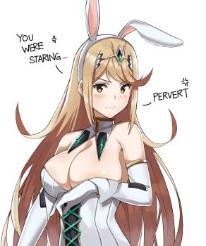 >:( 1girl anger_vein animal_ears bare_shoulders blonde_hair blush bodysuit breasts closed_mouth commentary corset covering_breasts covering_nipples covering_privates elbow_gloves embarrassed english_text fake_animal_ears female_focus gloves hairband highres j@ck large_breasts long_hair looking_at_viewer mythra_(xenoblade) nintendo one_breast_out playboy_bunny rabbit_ears simple_background solo swept_bangs text_focus tiara upper_body v-shaped_eyebrows very_long_hair wavy_mouth white_background white_bodysuit white_gloves xenoblade_chronicles_(series) xenoblade_chronicles_2