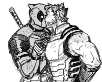 2boys animification bare_shoulders bodysuit choker closed_mouth commentary deadpool deadpool_&amp;_wolverine deadpool_(series) dishing facial_hair gauntlets gloves greyscale hand_up kiss looking_at_another male_focus marvel marvel monochrome multiple_boys muscular muscular_male scar short_hair simple_background superhero_costume symbol-only_commentary upper_body weapon weapon_on_back wolverine_(x-men) wristband x-men yaoi