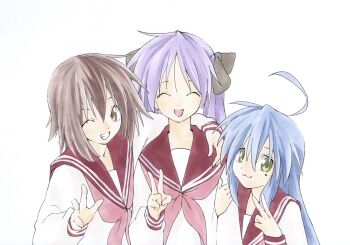 3girls :3 :d ahoge arm_on_another&#039;s_shoulder black_bow blue_hair bow brown_eyes brown_hair closed_eyes friends green_eyes grin hand_on_another&#039;s_arm highres hiiragi_kagami izumi_konata kusakabe_misao long_hair lucky_star mole mole_under_eye multiple_girls neckerchief one_eye_closed open_mouth pink_neckerchief purple_hair red_sailor_collar ryouou_school_uniform sailor_collar school_uniform shiki_59 shirt short_hair smile spiked_hair twintails v w white_shirt