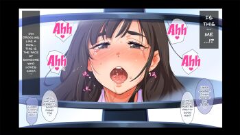 ahegao engawa_suguru gasshuku_menkyo_no_jittai_~kanojo_o_kaeta_14-kakan highres implied_sex mirror saliva tears tongue tongue_out translated