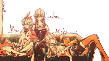 3girls artist_name black_dress black_shorts book book_on_lap character_name closed_eyes controller couch dress game_controller glasses hair_between_eyes hand_on_another's_head hatsune_miku holding holding_book holding_controller holding_game_controller hood hood_down hooded_jacket indian_style jacket jewelry kagamine_rin leaning_on_person long_hair lying megurine_luka multiple_girls necklace on_back on_couch reading shiinoyuko shorts simple_background sitting sleeveless sleeveless_dress thighhighs twintails very_long_hair vocaloid white_background white_jacket