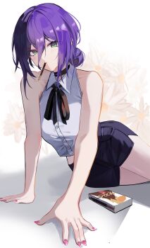 1girl absurdres ailce_(dujs5388) arm_support black_choker black_ribbon black_shorts chainsaw_man choker food food_in_mouth green_eyes hair_between_eyes hair_bun highres looking_at_viewer pink_nails pocky pocky_day pocky_in_mouth purple_hair reze_(chainsaw_man) ribbon shirt short_shorts shorts sleeveless sleeveless_shirt solo