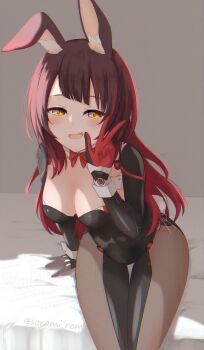 1girl artificial_limb bed breasts cleavage highres hololive large_breasts legs long_hair pantyhose playboy_bunny rabbit_ears roboco-san sitting solo sorami_rem thighs virtual_youtuber