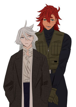 2girls ahoge black_coat black_shirt black_skirt blue_eyes blush closed_mouth coat collared_shirt gloves green_gloves green_vest grey_eyes gundam gundam_suisei_no_majo height_difference highres long_hair long_sleeves looking_at_another miorine_rembran multiple_girls open_mouth red_hair shirt simple_background skirt snapagi suletta_mercury sweatdrop tactical_clothes thick_eyebrows turtleneck vest white_background white_hair white_shirt