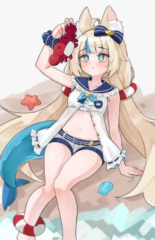 1girl ahoge animal animal_ear_fluff animal_ears arm_up bare_arms bikini blonde_hair blue_eyes blue_hair blue_nails blue_neckerchief blue_sailor_collar bow breasts buttons cat_ears commentary crab curious dress english_commentary feet_out_of_frame fins fish_girl fish_tail frilled_dress frills hair_bow hand_on_floor highres holding holding_animal indie_virtual_youtuber kaniki_(sameko_saba) knees_together_feet_apart leaning_back lifebuoy_hair_ornament long_hair looking_at_animal low_twintails magui3 multicolored_hair nail_polish navel neckerchief outdoors paper_boat parted_lips sailor_collar sameko_saba sand scrunchie seashell shell short_shorts shorts sitting sleeveless sleeveless_dress small_breasts solo starfish streaked_hair striped_bikini striped_clothes swimsuit tail twintails unbuttoned very_long_hair virtual_youtuber water white_dress wrist_scrunchie