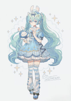 1girl absurdres alternate_costume alternate_hairstyle animal_ears aqua_dress aqua_eyes aqua_hair aqua_nails aqua_thighhighs collarbone dress full_body hair_between_eyes hair_ornament hatsune_miku highres holding holding_stuffed_toy long_hair looking_at_viewer memory_mie parted_lips puffy_short_sleeves puffy_sleeves rabbit_ears short_sleeves signature solo stuffed_animal stuffed_toy thighhighs twintails very_long_hair vocaloid