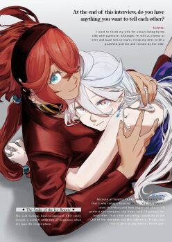 2girls alternate_language ani_lu black_headband blue_dress blue_eyes dark-skinned_female dark_skin dress earrings english_text fake_magazine_scan female_focus formal_clothes gundam gundam_suisei_no_majo hair_over_one_eye headband highres interview jewelry long_hair long_sleeves looking_at_viewer miorine_rembran multiple_girls pearl_earrings red_eyes red_hair red_shirt red_suit ring shirt single_earring sleeveless sleeveless_dress smile suit suletta_mercury wedding wedding_ring white_hair wife_and_wife yuri