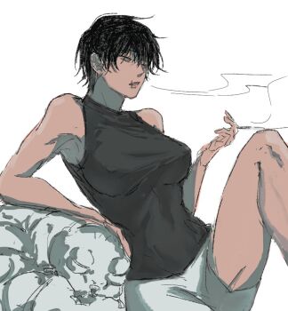 Rule 34 | 1girl, abs, arm on another's head, armpits, bare shoulders, black hair, black shirt, cigarette, covered erect nipples, covered navel, cursed spirit (jujutsu kaisen), fushiguro touji, genderswap, genderswap (mtf), holding, holding cigarette, inventory curse (jujutsu kaisen), jujutsu kaisen, knee up, looking to the side, parted lips, scar, scar on face, scar on mouth, shirt, short hair, shorts, simple background, sleeveless, smoke, toupou39, white background, white shorts