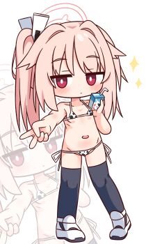 1girl absurdres animal_print bare_arms bare_shoulders bendy_straw bikini black_thighhighs blue_archive blush chibi closed_mouth collarbone commentary_request cow_print drink_carton drinking_straw groin hair_intakes halo hana_kazari highres holding long_hair micro_bikini milk_carton natsu_(blue_archive) navel outstretched_arm pink_hair print_bikini red_eyes shoes side_ponytail simple_background solo sparkle swimsuit thighhighs v white_background white_shoes