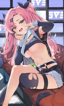 1girl absurdres armpit_peek black_shirt black_shorts black_thighhighs blush breasts commentary_request couch crossed_legs green_eyes hair_ornament hairclip highres itohana large_breasts legs lifting_own_clothes long_hair looking_at_viewer mole mole_under_eye navel nicole_demara o-ring o-ring_thigh_strap on_couch open_mouth parted_bangs pink_hair shirt short_shorts shorts single_hair_intake sitting smile solo static stomach sweat television thigh_strap thighhighs torn_clothes torn_thighhighs two_side_up underboob white_shirt zenless_zone_zero