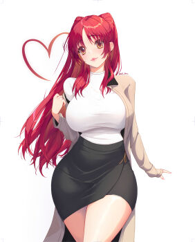 1girl absurdres alternate_costume black_skirt breasts brown_coat brown_eyes coat highres kousaka_tamaki large_breasts long_hair red_hair rein_akane shirt skirt solo to_heart_(series) to_heart_2 very_long_hair white_shirt