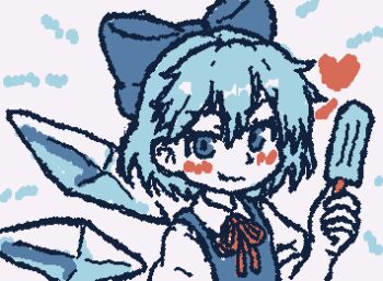1girl animated animated_gif beachepisode blue_bow blue_eyes blue_hair blush bow cirno closed_mouth collared_shirt food hair_bow heart holding holding_food holding_popsicle ice ice_crystal ice_wings line_boil looking_at_viewer popsicle shirt short_hair short_sleeves smile solo touhou white_shirt wigglypaint_(medium) wings