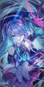 1girl armpits bare_shoulders black_gloves black_sleeves blue_eyes blue_hair blue_necktie commentary_request detached_sleeves dress gloves hair_between_eyes hatsune_miku highres holding holding_microphone long_hair looking_at_viewer microphone necktie nihilist_(kekkonsinasai) one_eye_closed skirt sleeveless sleeveless_dress smile solo sweatdrop teeth twintails vocaloid white_dress