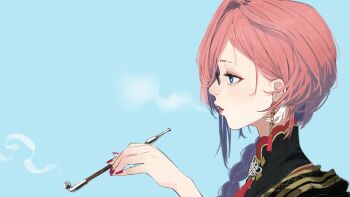 1girl absurdres blue_background blue_eyes braid braided_ponytail chinese_clothes commentary_request from_side glasses hair_over_shoulder highres holding holding_smoking_pipe hololive kafan long_hair nail_polish official_alternate_costume official_alternate_hairstyle pink_hair red_nails simple_background smoke smoking smoking_pipe solo takane_lui takane_lui_(china_dress) tassel virtual_youtuber