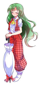 1girl :o alphes_(style) ascot blush breasts closed_eyes closed_umbrella collared_shirt commentary_request crying dairi full_body green_hair highres holding holding_umbrella kazami_yuuka kazami_yuuka_(pc-98) large_variant_set long_hair open_clothes open_mouth open_vest pants parody plaid_clothes plaid_pants plaid_vest planted planted_umbrella puffy_short_sleeves puffy_sleeves red_pants red_vest shirt short_sleeves simple_background socks solo standing style_parody tachi-e touhou touhou_(pc-98) transparent_background umbrella variant_set very_long_hair vest white_shirt white_socks yellow_ascot