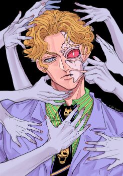Rule 34 | 1boy, 99g q, black background, black necktie, blonde hair, blue eyes, cheekbones, colored sclera, commentary, diamond wa kudakenai, disembodied hand, formal clothes, fusion, green shirt, highres, jacket, jojo no kimyou na bouken, killer queen, kira yoshikage, looking at viewer, male focus, necktie, pink nails, pink sclera, pinstripe pattern, pinstripe shirt, purple jacket, shirt, short hair, simple background, slit pupils, solo, stand (jojo), striped clothes, striped shirt, suit, untranslatable commentary, upper body, vertical-striped clothes, vertical-striped shirt