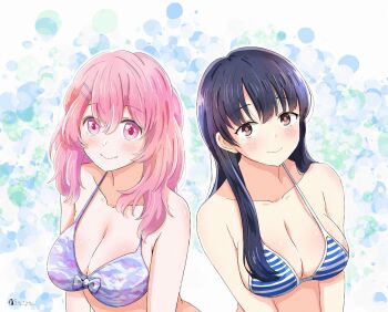 2girls bare_shoulders bikini bikini_top_only black_hair blush boku_no_kokoro_no_yabai_yatsu breasts brown_eyes closed_mouth collarbone commentary_request crossover dated front-tie_bikini_top front-tie_top hair_ornament hairclip highres kotobuki_minami large_breasts light_smile long_hair looking_at_viewer multicolored_bikini multiple_girls oshi_no_ko parallel_hairclips pink_eyes pink_hair satya season_connection signature smile striped_bikini striped_clothes swimsuit textless_version upper_body voice_actor_connection yamada_anna youmiya_hina