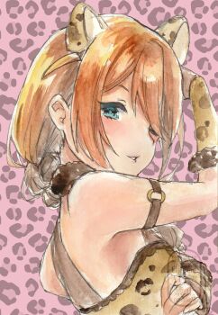 1girl animal_ears animal_print aqua_eyes arm_strap baba_konomi bare_shoulders braid brown_gloves brown_hair brown_shirt eyelashes fur_collar gloves highres idolmaster idolmaster_million_live! idolmaster_million_live!_theater_days leopard_background leopard_ears leopard_print lips long_hair looking_at_viewer looking_back nonano73 official_alternate_costume one_eye_closed parted_lips pink_background shirt side_ahoge single_braid swept_bangs