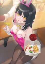 Rule 34 | 1girl, absurdres, alcohol, animal ears, bar stool, black footwear, black hair, breasts, collar, colored inner hair, commission, copyright request, covered navel, cup, detached collar, drinking glass, fake animal ears, food, french fries, glass, highres, holding, holding cup, holding plate, leotard, medium hair, multicolored hair, necktie, pantyhose, pink hair, pink leotard, pizza, pizza slice, plate, playboy bunny, rabbit ears, red wine, rushian, shirt, skeb commission, small breasts, solo, stool, strapless, strapless leotard, tongue, waistcoat, white collar, white shirt, wine, wine glass, yellow eyes