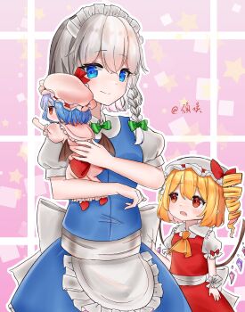 2091966 3girls absurdres aged_down apron ascot back_bow bat_wings blonde_hair blue_dress blue_eyes blue_hair bow braid child closed_mouth clothes_grab collared_shirt commentary_request crystal crystal_wings dress drill_hair fang flandre_scarlet frilled_shirt_collar frills green_bow grey_hair hair_bow hat highres izayoi_sakuya long_hair maid maid_headdress mob_cap multicolored_wings multiple_girls one_side_up open_mouth pink_hat pointy_ears puffy_short_sleeves puffy_sleeves red_bow red_eyes red_skirt red_vest remilia_scarlet shirt short_sleeves siblings sisters skirt skirt_set sleeve_bow smile touhou vest waist_apron white_apron white_bow white_hat white_shirt wings wrist_cuffs yellow_ascot